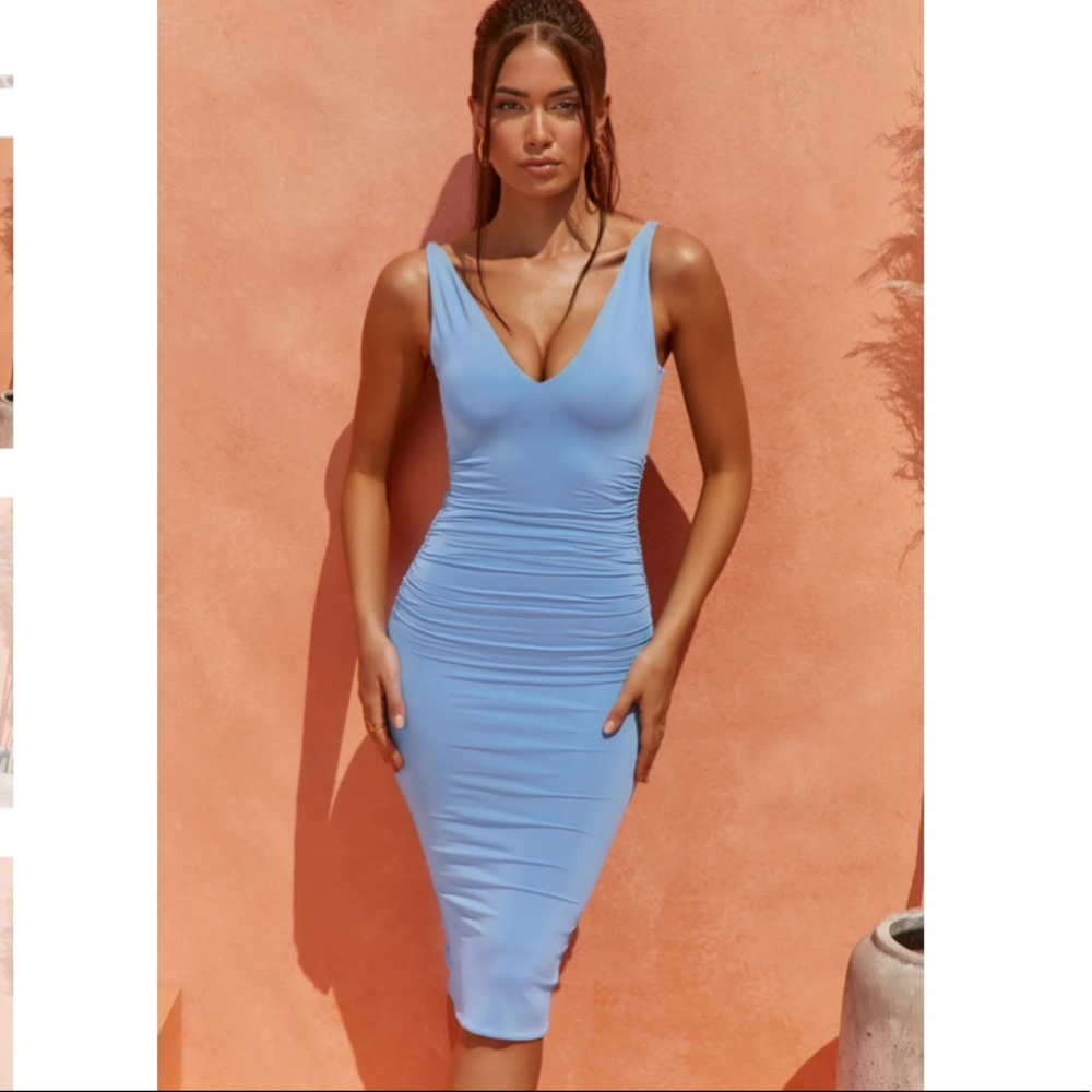 See the Sunrise | Plunge Midi Dress in Light Blue